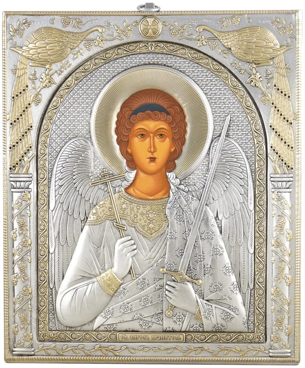 Икона «Ангел Хранитель», античная риза, металл, рамка мдф, напыление серебро&золото, 20,7×24,5 см