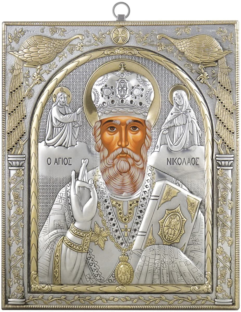 Икона «Николай Чудотворец», античная риза,металл, рамка мдф, напыление серебро&золото, 20,7×24,5 см