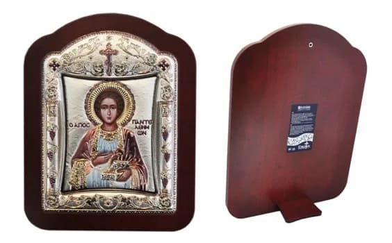 Икона «Пантелеймон» фигурная рамка, стекло, напыление серебро и цветная эмаль, 10,3×12,9 см